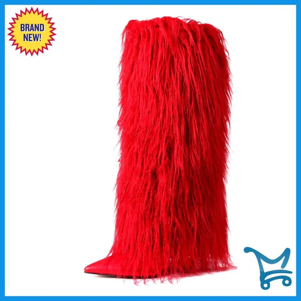 Knee High Faux Fur Boots Wide Calf Stiletto Heel Pointed Toe Winter